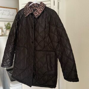 Kate Spade Black Quilted Jacket with Leopard Print Collar